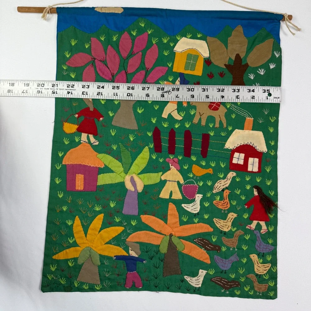 Vintage Peruvian Arpillera Folk Art Wall Hanging Handmade Village Scene 18x14.5